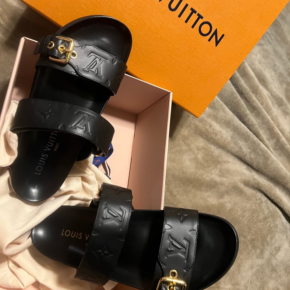 Louis Vuitton Black Slides with Gold Buckle